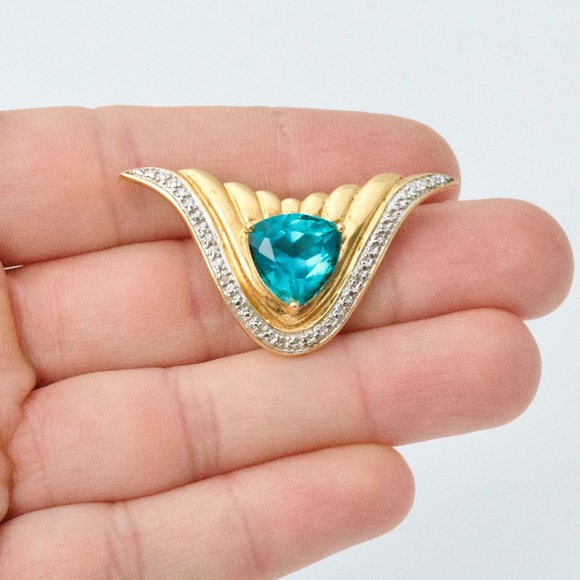 Ross-Simons Blue Glass & Genuine Diamond Pendant Gold Vermeil Sterling Silver - Picture 2 of 5